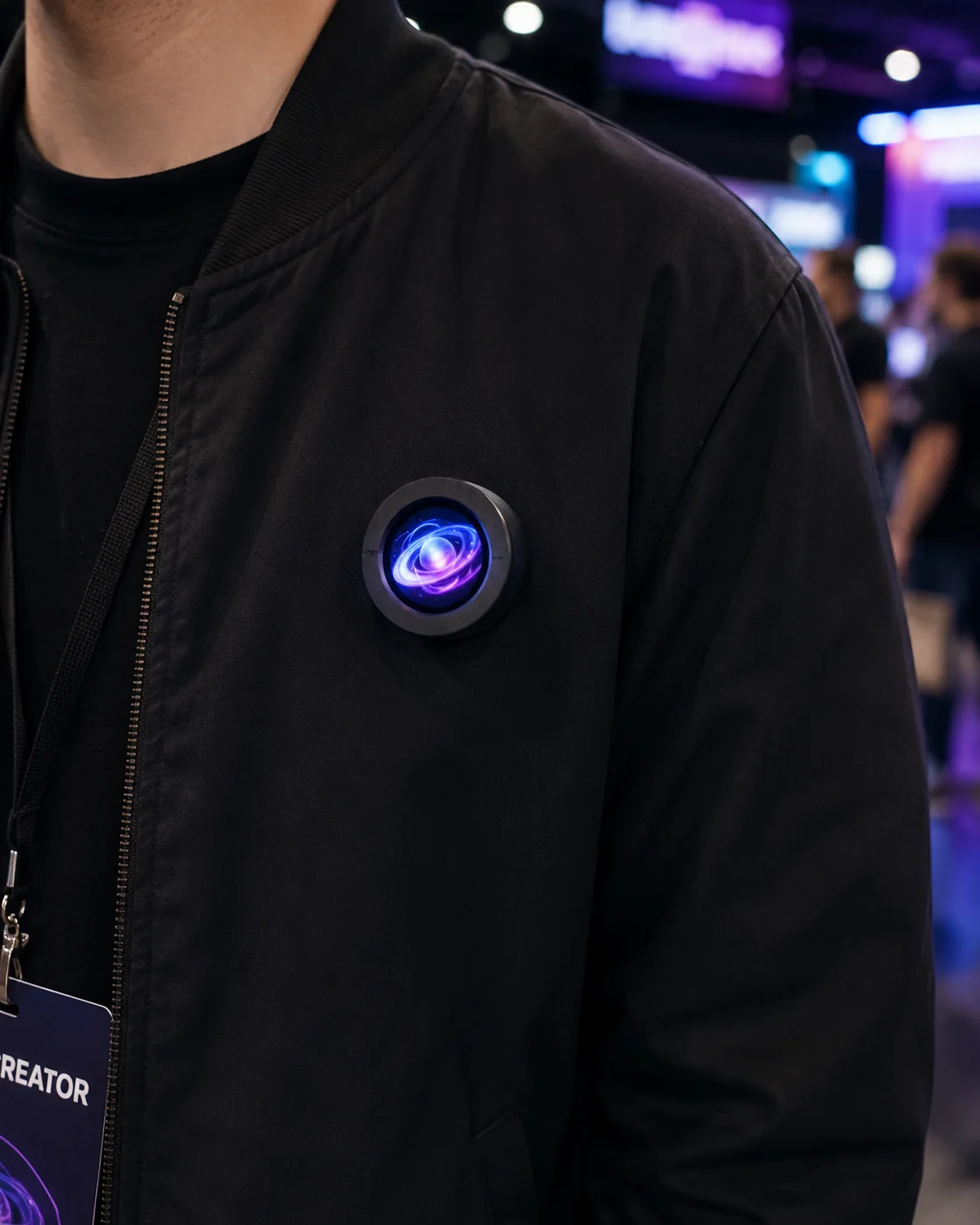 Orb Badge magnetically attached to a black jacket at a convention